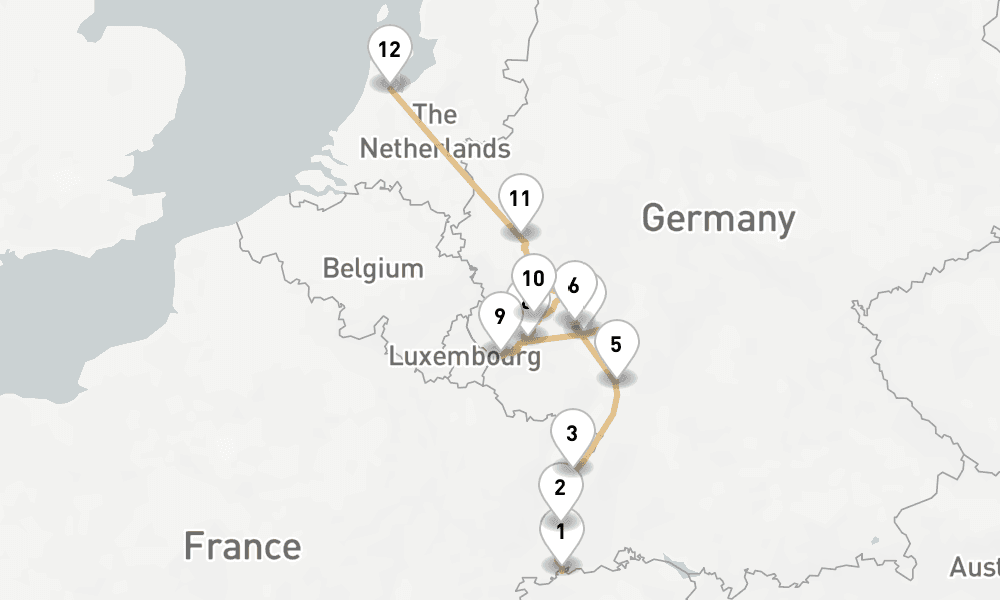 10 nights / 11 days, one-way from Basel to Amsterdam (Holland)