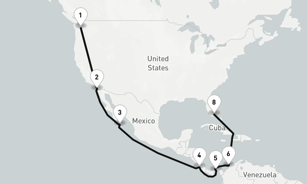 20 nights / 21 days, one-way from Seattle (Washington) to Miami (Florida)