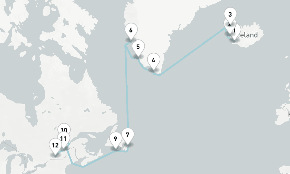 18 nights / 19 days, one-way from Reykjavik to Montreal (Quebec, Canada)