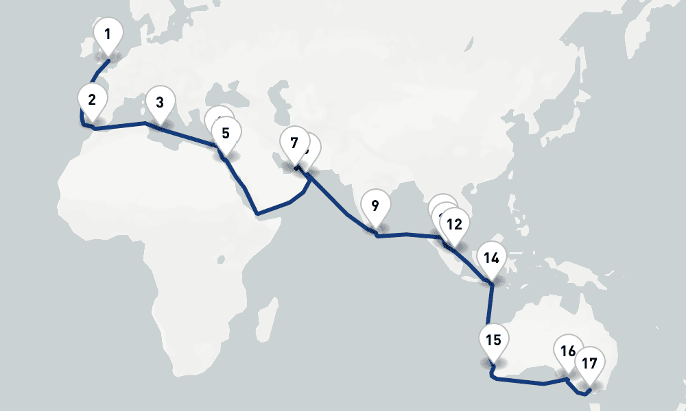 45 nights / 46 days, one-way from Southampton (England) to Melbourne (Victoria, Australia)