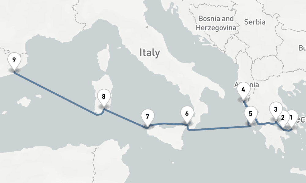 8 nights / 9 days, one-way from Piraeus (Athens, Greece) to Barcelona