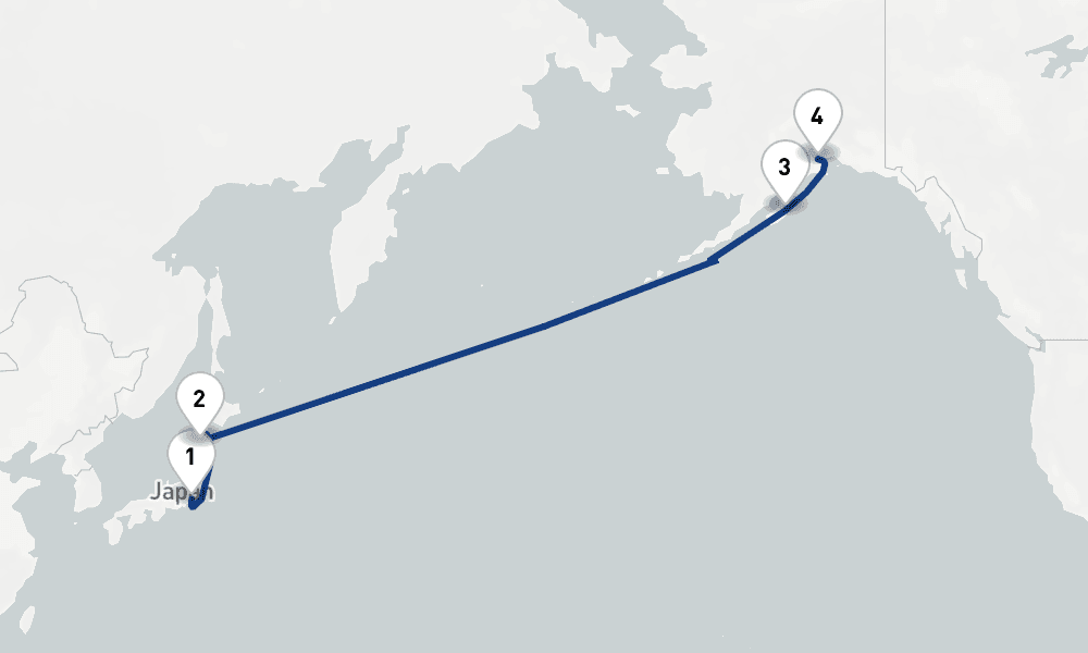12 nights / 13 days, one-way from Tokyo to Whittier (Alaska)