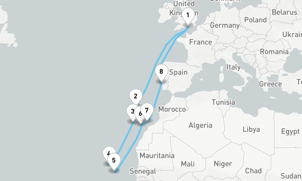 18 nights / 19 days, Portsmouth (England) Round trip