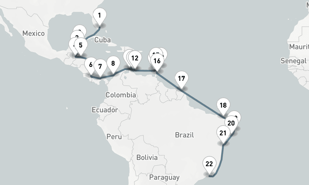 30 nights / 31 days, one-way from Miami (Florida) to Rio de Janeiro