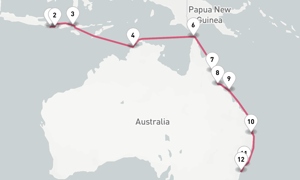 16 nights / 17 days, one-way from Benoa (Bali, Indonesia) to Sydney (NSW, Australia)