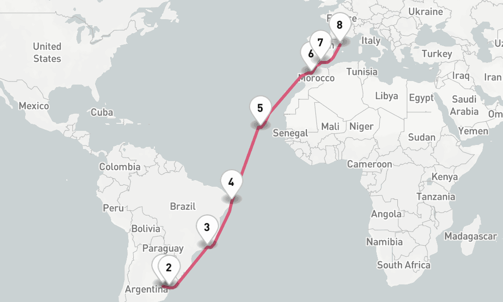 21 nights / 22 days, one-way from Buenos Aires to Barcelona