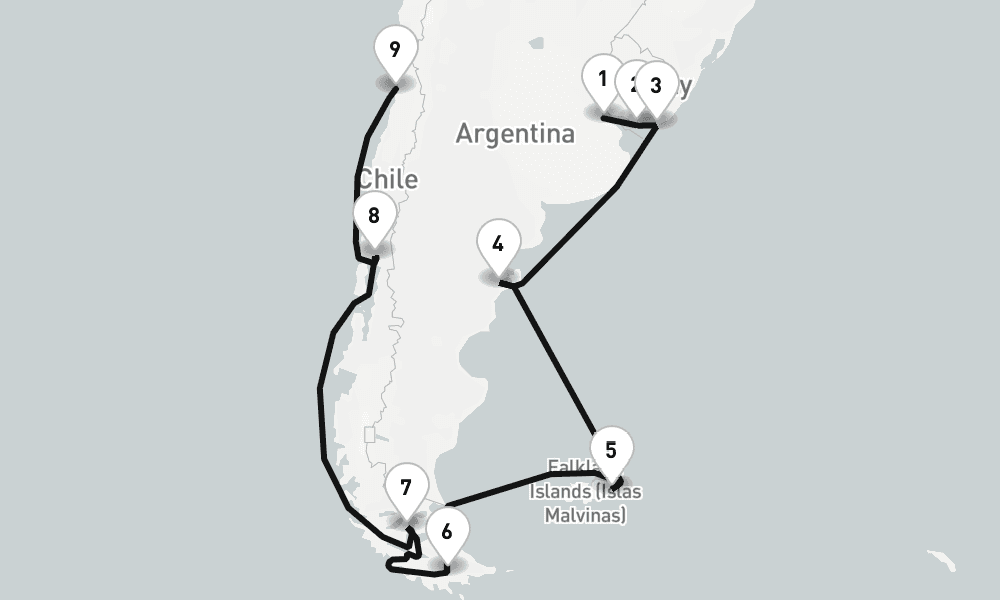 22 nights / 23 days, one-way from Buenos Aires to Valparaiso (Santiago, Chile)