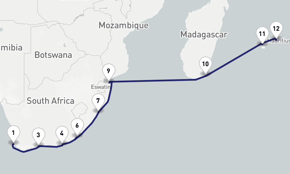 16 nights / 17 days, one-way from Cape Town to Port Louis (Mauritius Island)