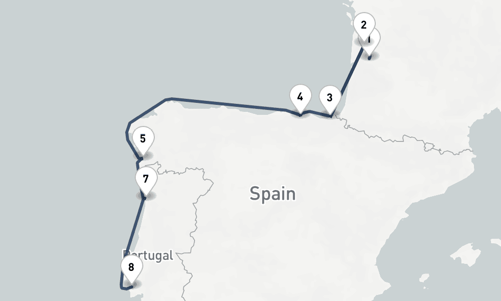 7 nights / 8 days, one-way from Bordeaux to Lisbon