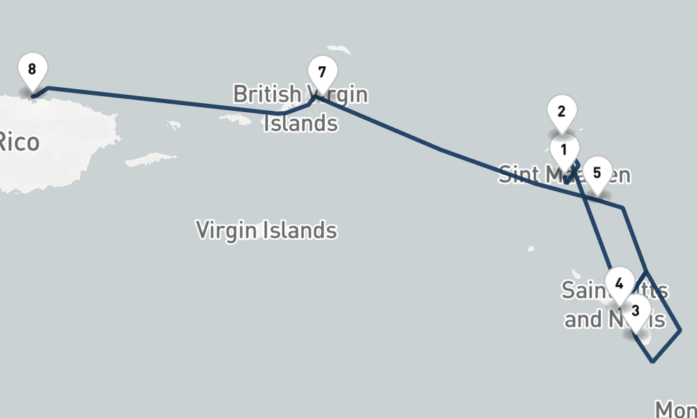 7 nights / 8 days, one-way from Philipsburg (St Maarten Island, Dutch Antilles) to San Juan (Puerto Rico)
