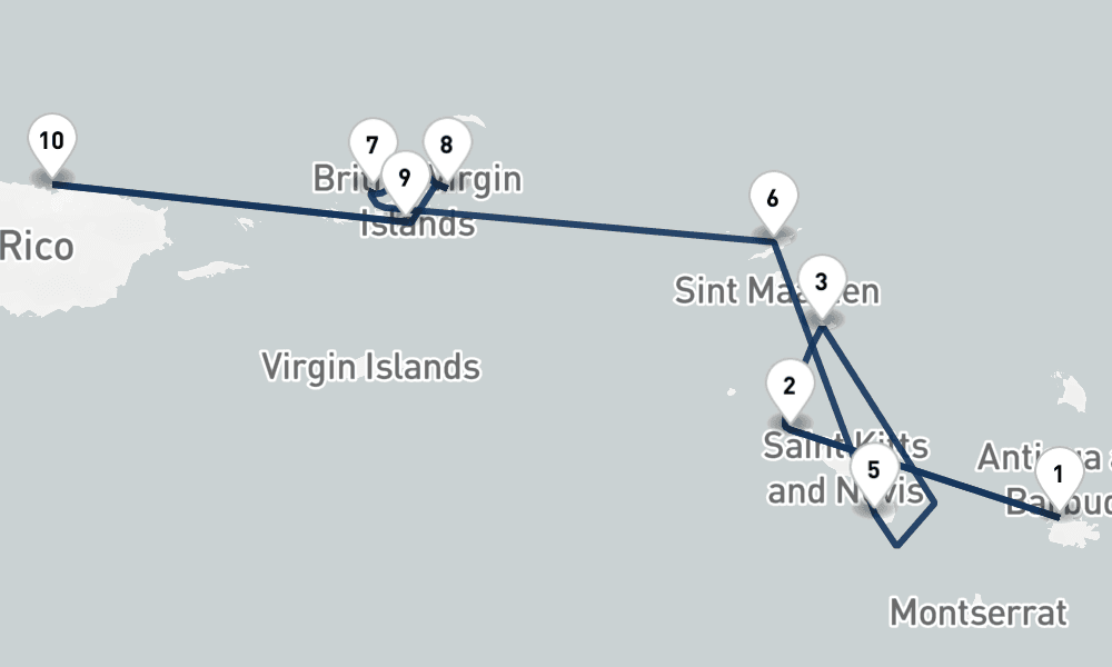 7 nights / 8 days, one-way from St Johns (Antigua) to San Juan (Puerto Rico)