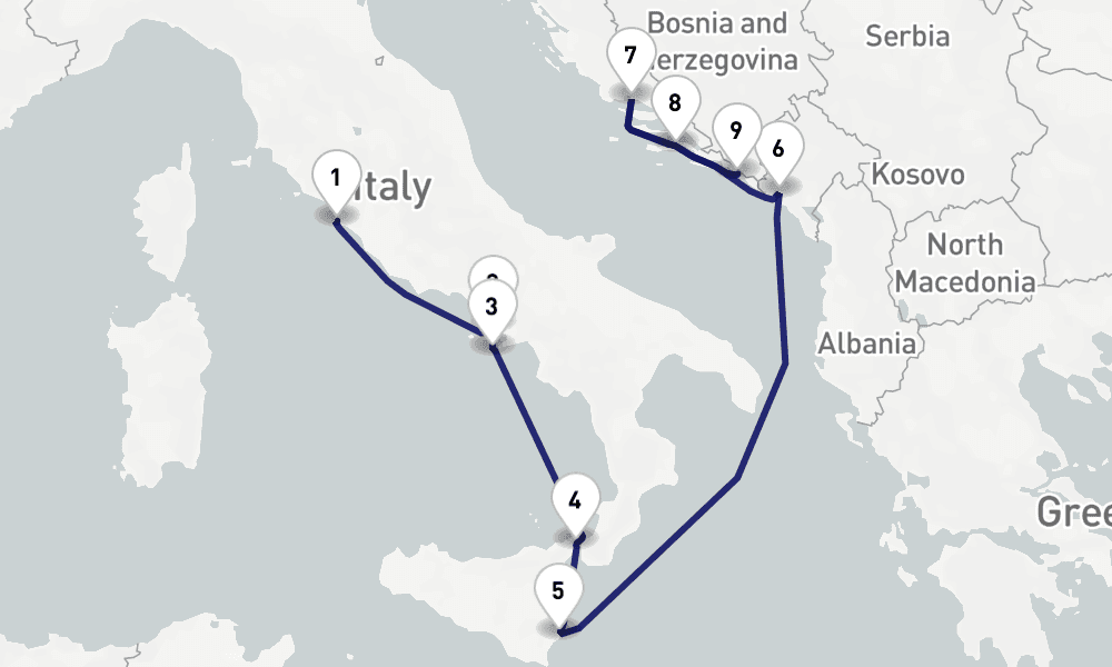 9 nights / 10 days, one-way from Civitavecchia (Rome, Italy) to Dubrovnik