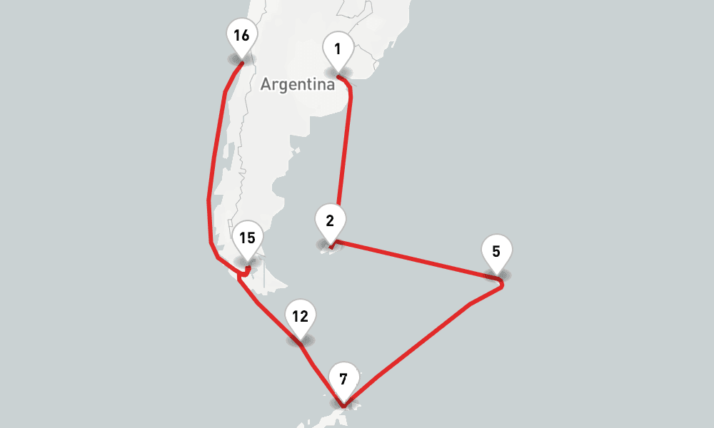 22 nights / 23 days, one-way from Buenos Aires to Valparaiso (Santiago, Chile)