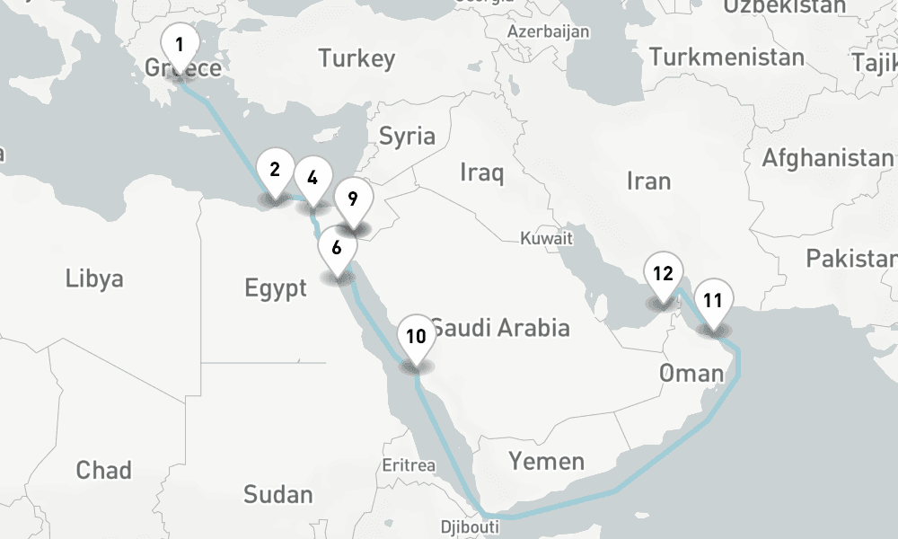 18 nights / 19 days, one-way from Piraeus (Athens, Greece) to Dubai (Port Rashid, UAE)