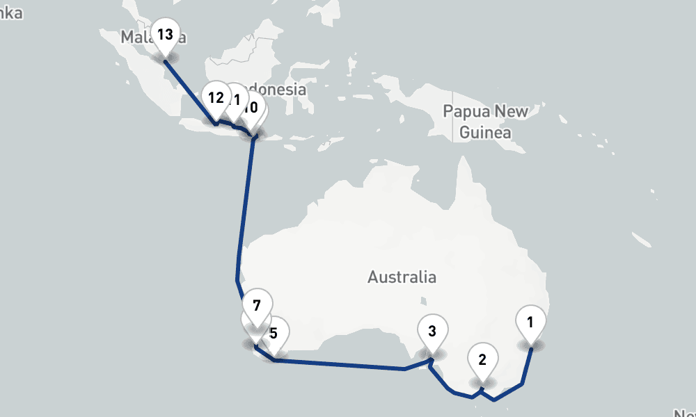 22 nights / 23 days, one-way from Sydney (NSW, Australia) to Singapore