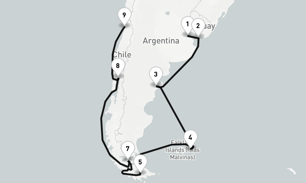 18 nights / 19 days, one-way from Buenos Aires to Valparaiso (Santiago, Chile)