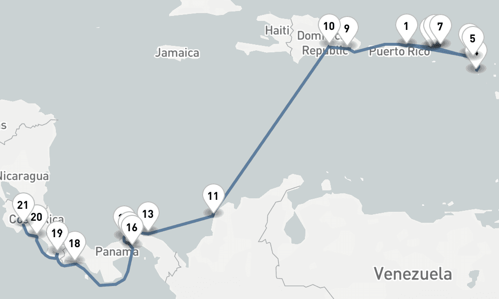 21 nights / 22 days, one-way from San Juan (Puerto Rico) to Puntarenas (Puerto Caldera, Costa Rica)