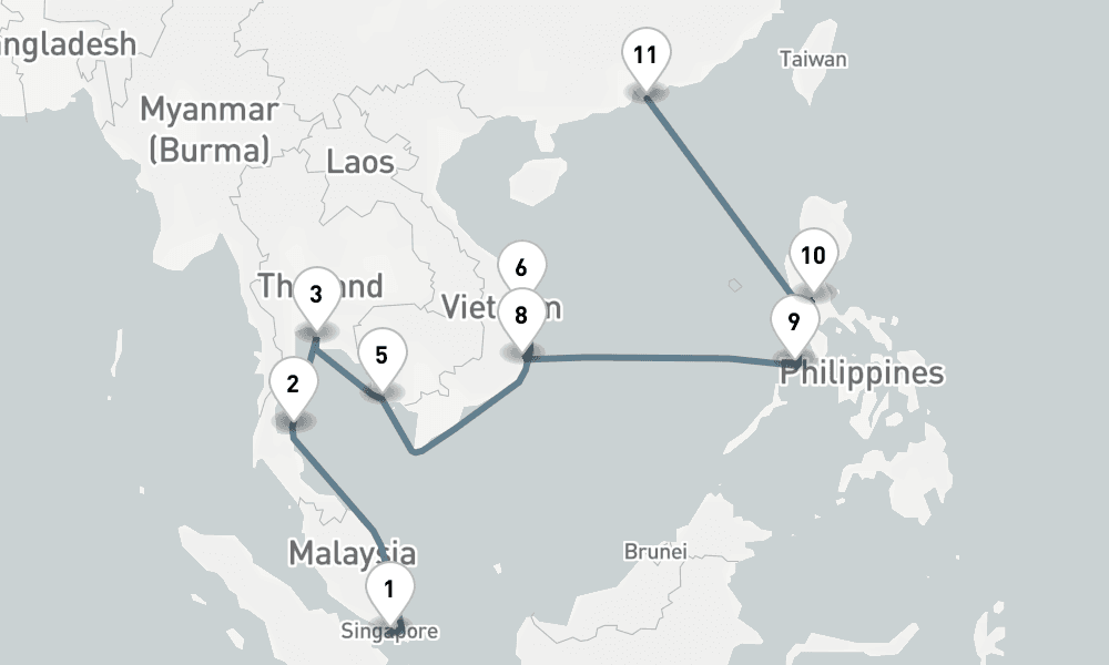 14 nights / 15 days, one-way from Singapore to Hong Kong