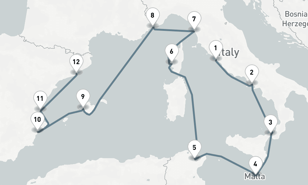 14 nights / 15 days, one-way from Civitavecchia (Rome, Italy) to Barcelona