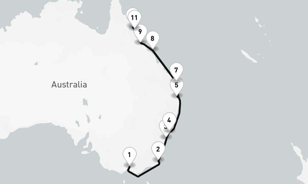 14 nights / 15 days, one-way from Melbourne (Victoria, Australia) to Cairns (Queensland, Australia)
