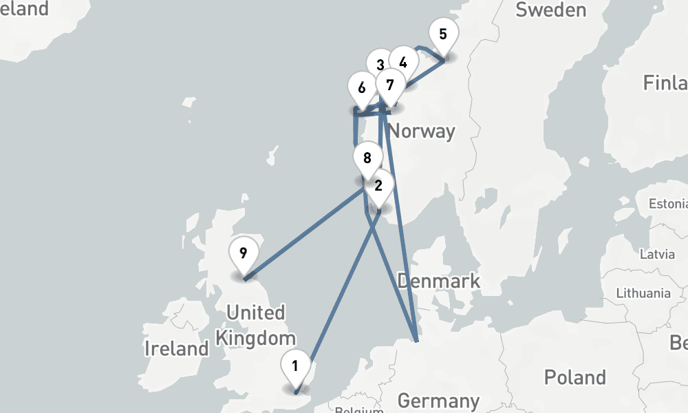 10 nights / 11 days, one-way from Tilbury (London, England) to Edinburgh (Leith, Scotland)