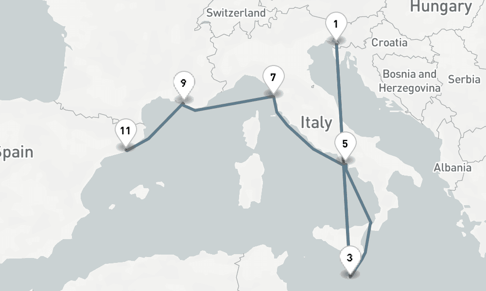 12 nights / 13 days, one-way from Trieste to Barcelona