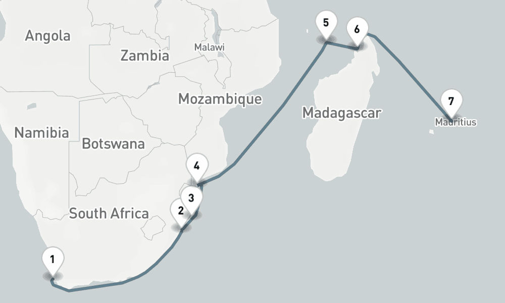 16 nights / 17 days, one-way from Cape Town to Port Louis (Mauritius Island)