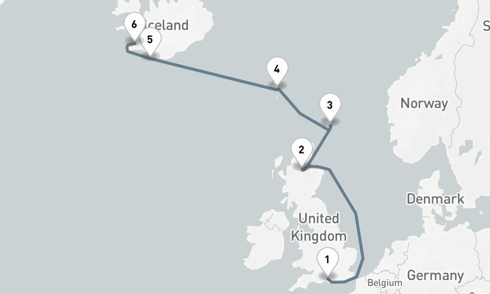 8 nights / 9 days, one-way from Southampton (England) to Reykjavik