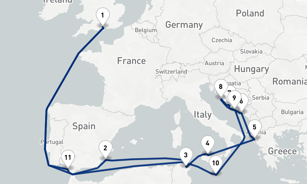 21 nights / 22 days, Southampton (England) Round trip
