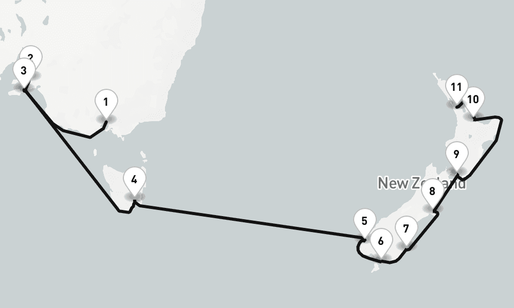 16 nights / 17 days, one-way from Melbourne (Victoria, Australia) to Auckland