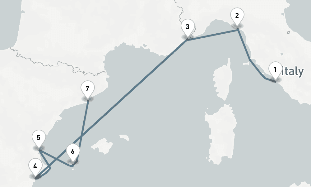 9 nights / 10 days, one-way from Civitavecchia (Rome, Italy) to Barcelona
