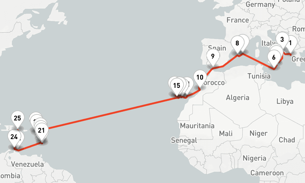 35 nights / 36 days, one-way from Corfu Island to La Romana (Dominican Republic)