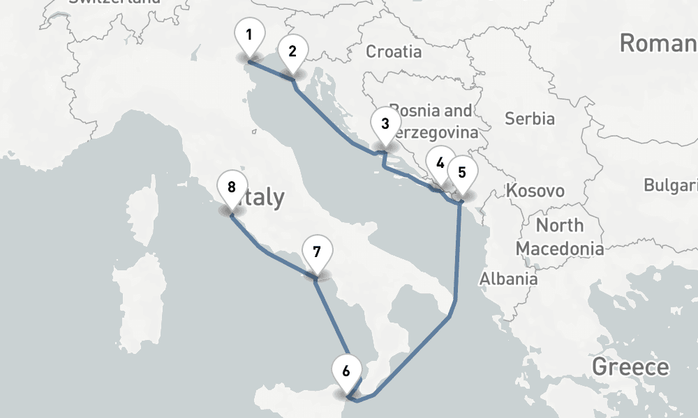 8 nights / 9 days, one-way from Venice to Civitavecchia (Rome, Italy)