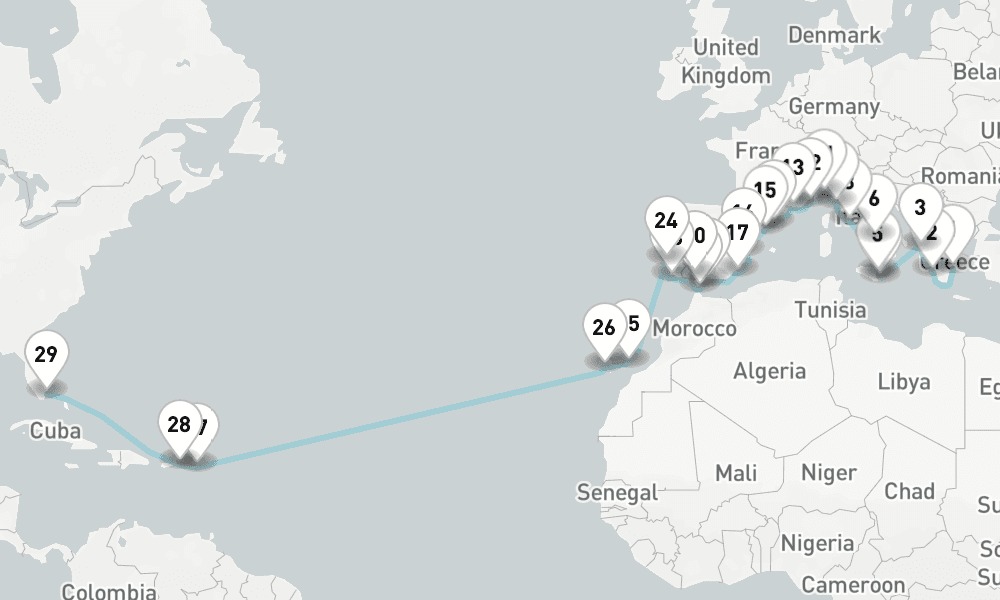 38 nights / 39 days, one-way from Piraeus (Athens, Greece) to Miami (Florida)