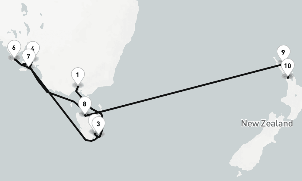 16 nights / 17 days, one-way from Melbourne (Victoria, Australia) to Auckland