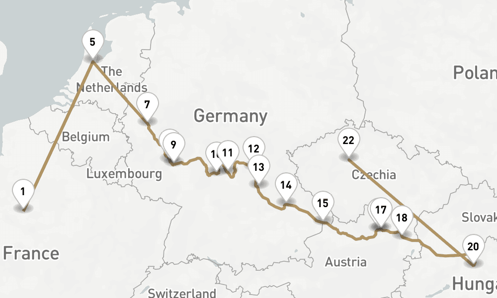 20 nights / 21 days, one-way from Paris to Prague (Czech Republic)