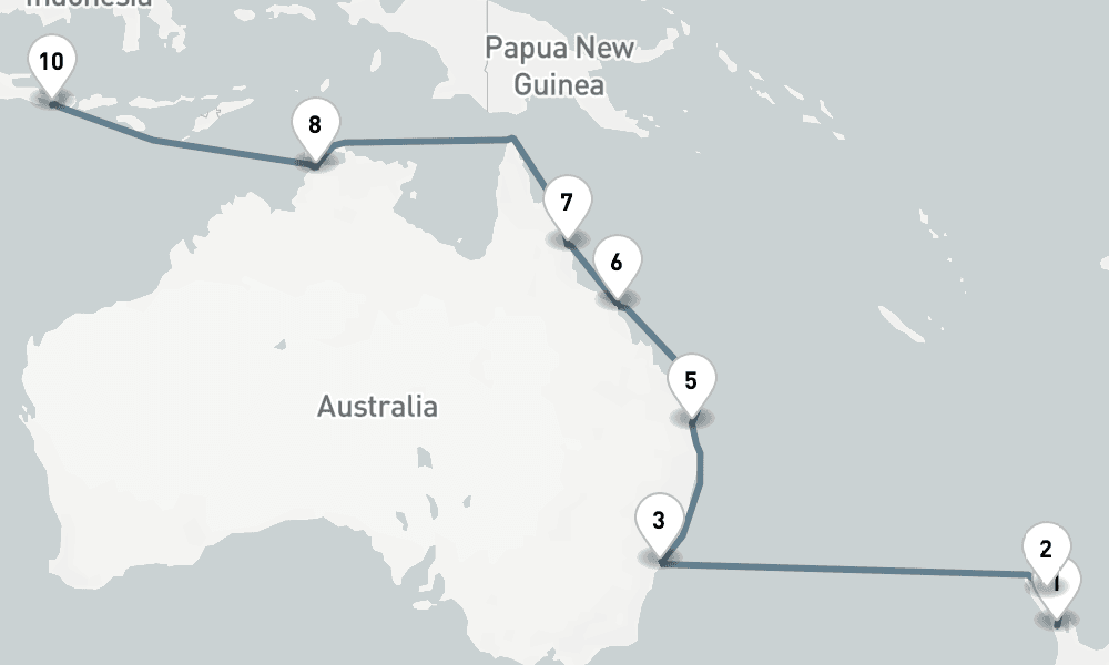 18 nights / 19 days, one-way from Auckland to Benoa (Bali, Indonesia)