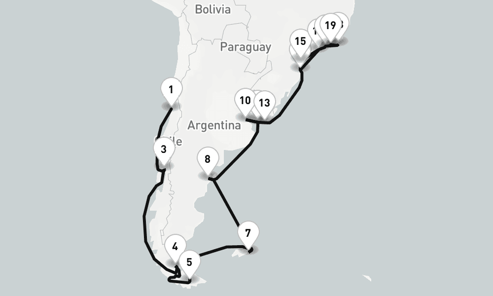 30 nights / 31 days, one-way from Valparaiso (Santiago, Chile) to Rio de Janeiro
