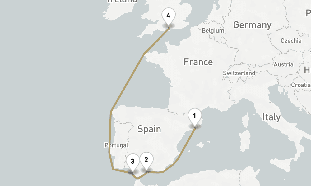 7 nights / 8 days, one-way from Barcelona to Southampton (England)
