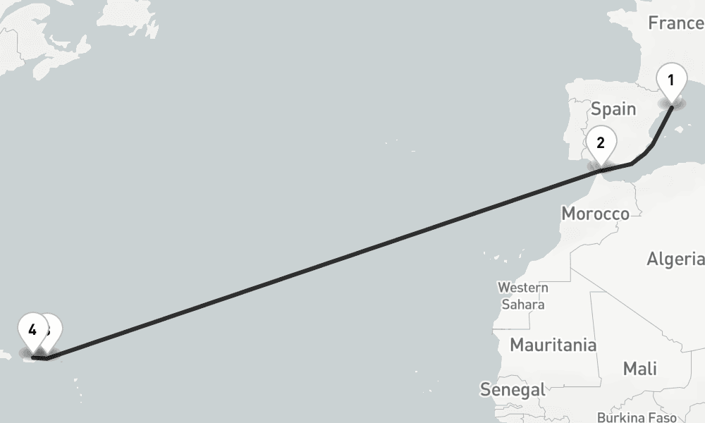 13 nights / 14 days, one-way from Barcelona to San Juan (Puerto Rico)