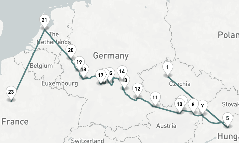 20 nights / 21 days, one-way from Prague (Czech Republic) to Paris