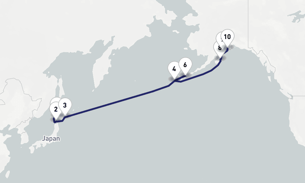 18 nights / 19 days, one-way from Otaru to Seward (Alaska)