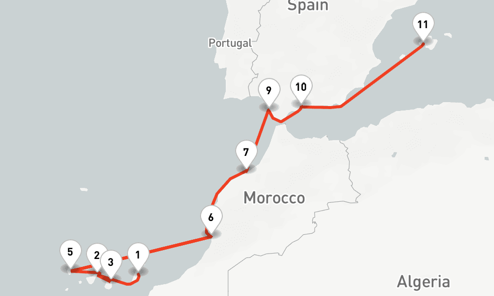 12 nights / 13 days, one-way from Puerto del Rosario (Fuerteventura, Canary Islands) to Palma de Mallorca (Majorca Island, Spain)