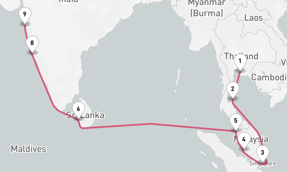 15 nights / 16 days, one-way from Laem Chabang (Bangkok, Thailand) to Mumbai (Bombay, India)