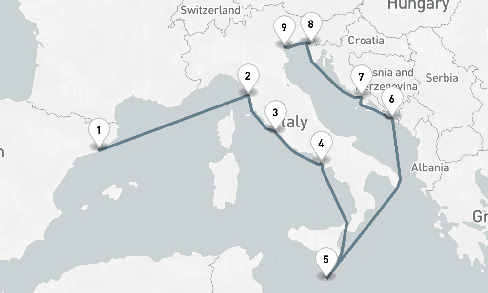 10 nights / 11 days, one-way from Barcelona to Fusina