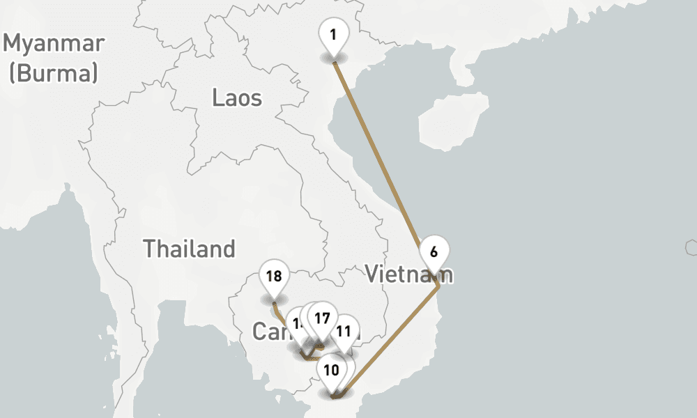 17 nights / 18 days, one-way from Hanoi to Siem Reap