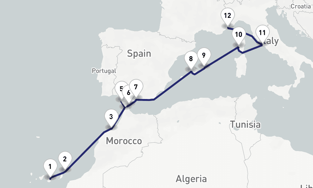 14 nights / 15 days, one-way from Las Palmas (Gran Canaria, Canary Islands) to Villefranche-sur-Mer (Nice, France Riviera)