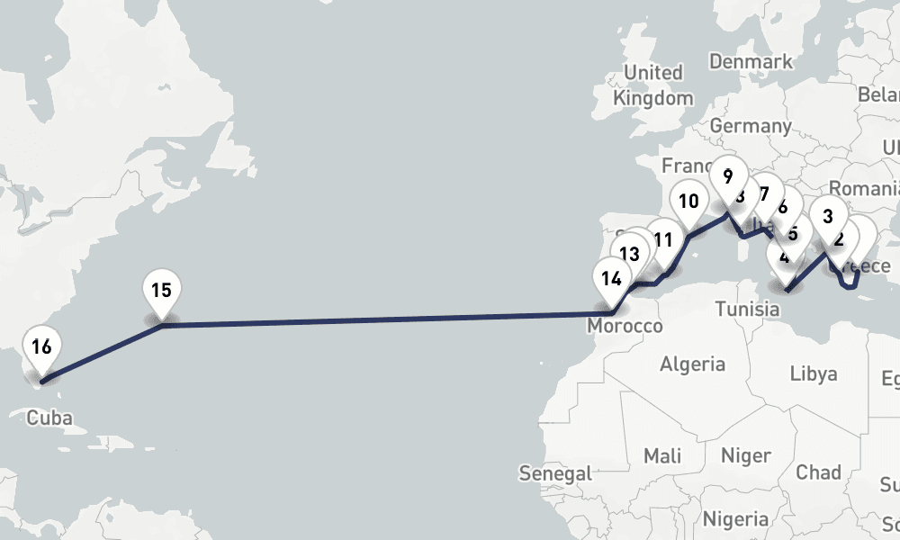 26 nights / 27 days, one-way from Piraeus (Athens, Greece) to Fort Lauderdale (Everglades, Florida)