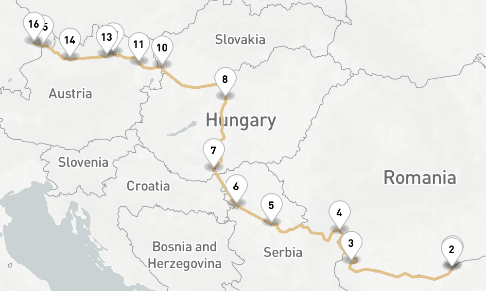 14 nights / 15 days, one-way from Giurgiu to Vilshofen an der Donau