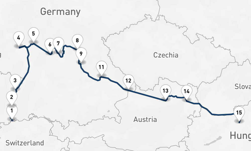 15 nights / 16 days, one-way from Basel to Budapest